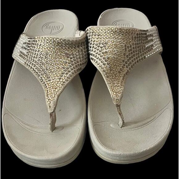 Fitflop Suede Crystal Rokkit Sandals •Women 9/EU 41• Flare Rhinestones Beige - Picture 2 of 9